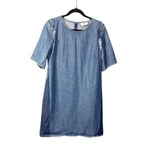 Loup Denim Shift Dress Womens L Ruffle Short Sleeve Denim Indie Mod Minimalist